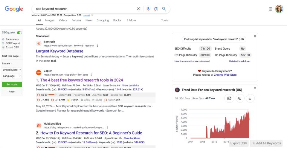 Google SERP for seo keyword research keyword using SEOQuake plugin